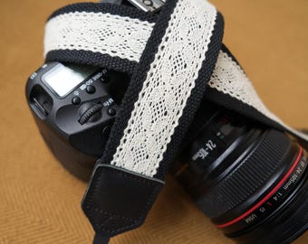 Correa de cámara de encaje blanco hueco Correa de cámara de lino y algodón con extremos de cuero Correa floral simple y elegante