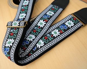 Black Base Color Floral Embroidery Acoustic Guitar Strap Universal Embroidered Guitar Strap Cotton Linen Strap with Leather Ends