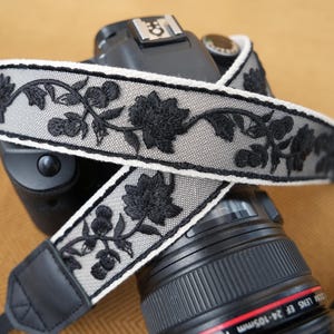Black Floral Embroidered Lace Camera Strap Handmade Cotton Linen with Leather Ends Comfortable DSLR & Mirrorless Camera Strap