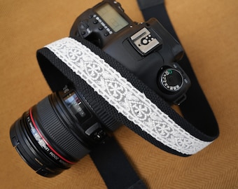 Black Camera Strap with White Lace Trim Cotton Linen Strap with Leather Ends Adjustable DSLR Mirrorless Strap Gift for Her