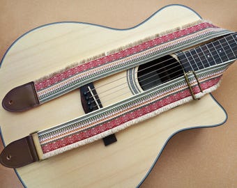 Handwoven Ethnic-Style Guitar Strap with Fringe Tassels Bohemian Cotton Linen Strap with Leather Ends Guitar Personalized Music Gift