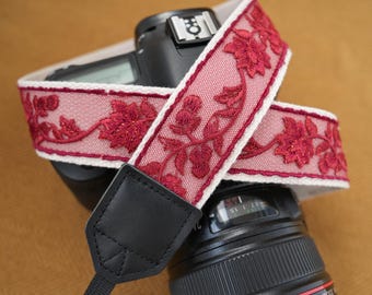 Red Floral Embroidered Camera Neck Strap Adjustable for DSLR/Mirrorless Genuine Leather Tips Comfortable Strap for Travel Photographers