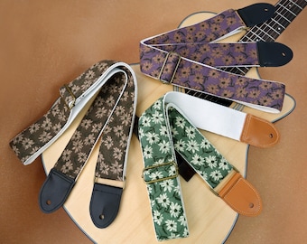 Little Daisy Acoustic Guitar Strap Handmade Cotton Linen Strap with Leather Ends Universal Guitar Strap Personalized Guitar Gift 3 Colors