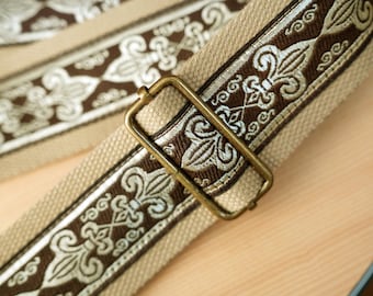 Correa de guitarra tejida con flor de lis, hecha a mano, de lino y algodón, con extremos de cuero, regalo para guitarra, estilo clásico europeo, patrón vintage europeo.