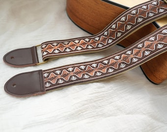 Classic Coffee Base Color Woven Strap Guitar Handmade Cotton Linen Strap with Leather Ends Personalized Guitar Strap Gift