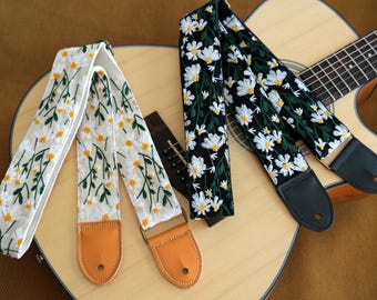 Correa de guitarra acústica francesa vintage, bordada con margaritas, hecha a mano, de algodón y lino con extremos de cuero, correa de guitarra universal.