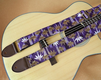 Purple Guitar Strap Personalized Acoustic Guitar Strap Handmade Cotton Linen Strap with Leather Ends Universal Guitar Strap