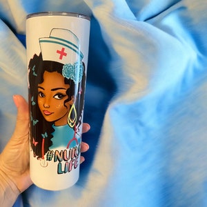 Personalized black nurse tumbler, Afro nurse tumbler, black nurse cup, black girl tumbler, afro nurse cup, gift for black nurse.