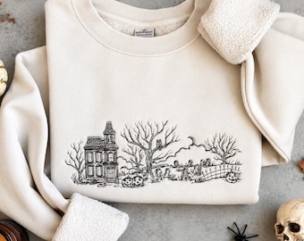 Embroidered Haunted Manor Halloween Sweatshirt, Vintage Line Art Crewneck, Retro Halloween Scene