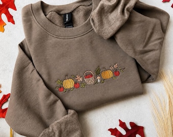 Embroidered Fall Harvest Sweatshirt, Autumn Cozy Season Sweatshirt, Pumpkin Embroidered Mushroom Sweater, Halloween Sweatshirt, Fall Apparel