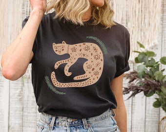 Katze Mystic Illustration Graphic T Shirt | Matisse Stil | Tropischer Dschungel Tiger Retro Auge Illustration | Oversize T-Shirt | Botanisch