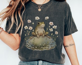 Cottagecore Frosch-Shirt, Häuschen-Ästhetik-Frosch, grüne Hexen-T-Shirt Blumen Goblincore-Kleidungs-Damen Grafik-T-Stück Komfort-Farben