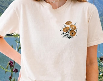 Embroidered Wildflower T-shirt, California Poppy Shirt, Embroidered Floral Boxy Crop Tee