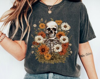 Floral Skeleton Comfort Colors Tee, Whimsigoth Goblincore Shirt