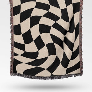 Checkerboard Woven Blanket, Wavy Checkerboard, Abstract Modern Throw Blanket, Black & White, Woven Tapestry Minimalist, Eclectic Home Decor
