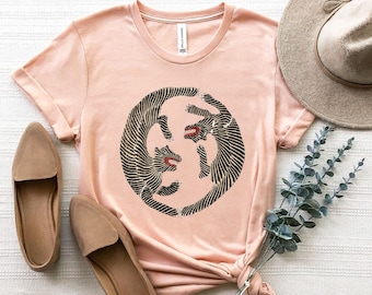 Wood Block Tiger Graphic Tee | Japanese Botanical Oversized T-Shirt