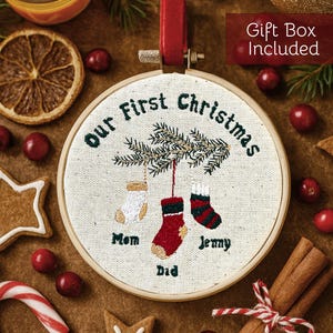 First Christmas Ornament, Embroidered New Baby Gift Family of Three Embroidered Ornament Keepsake Personalized Baby 1st Christmas