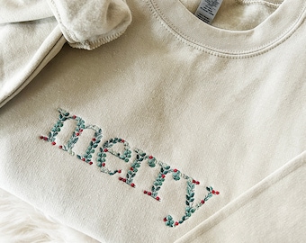 Embroidered Floral Merry Christmas Sweatshirt, Embroidered Christmas Crewneck Sweatshirt, Embroidered Floral Sweater, Custom Xmas Gift