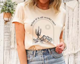 Desert Sunset Cactus Landscape Boho Graphic T-shirt / Minimalista Neutral Landscape Desert / Abstract Mountain and Sun / 70s Retro Hippie
