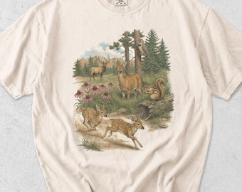 Vintage Forest Deer Woodland Illustration Tee, Rustic Nature Wildflowers Comfort Colors®  Gift
