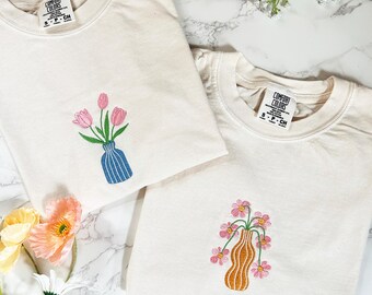 Embroidered Trendy Floral Vase Boxy Tee, Spring Flower Tshirt