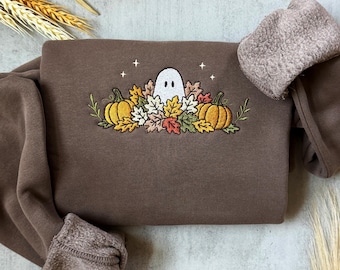 Embroidered Fall Ghost Sweatshirt, Autumn Cozy Season Sweatshirt, Pumpkin, Embroidered Mushroom Sweater, Halloween Sweatshirt, Fall Apparel