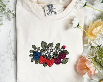 Embroidered Summer Berry Tshirt, Strawberry Blueberry Farmers Market Embroidery, Women's Boxy Tee