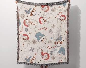 Manta navideña, muñeco de nieve, bonita manta de algodón tejida para decoración invernal, regalo para él, ella, mamá, papá, decoración acogedora navideña, regalo de Navidad