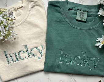 Embroidered Lucky Tshirt, Embroidery St. Patrick's Day Shirt, Irish Embroidery, Lucky Embroidery, St. Patty's Day Outfit, St Patrick Teacher