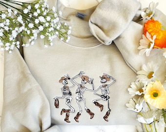 Halloween Embroidered Sweatshirt, Western Halloween Sweatshirt, Cowboy Skeleton Sweatshirt, Embroidered Skeleton Shir, Spooky Season Shirt