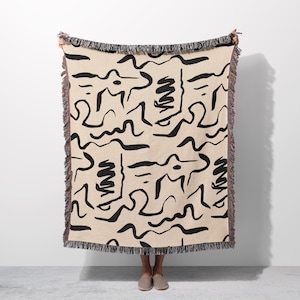 Abstract Modern Throw Blanket, Black & White, Abstract Design Pattern Woven Blanket Tapestry Minimalist Woven Blanket, Housewarming Gift