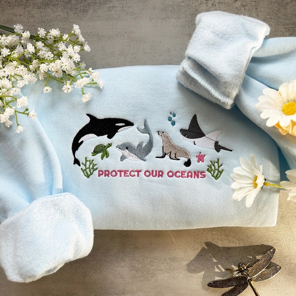 Schützen Sie unsere Ozeane gesticktes Sweatshirt, respektieren Sie die lokale Wildtierwelt, schützen Sie Nationalparks, Granola Girl Sweatshirt, Umwelt Sweatshirt