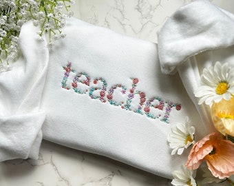 Sudadera bordada para profesor, sudadera de cuello redondo con bordado floral, regalo para profesor, agradecimiento al profesor, regalo de fin de curso, graduación