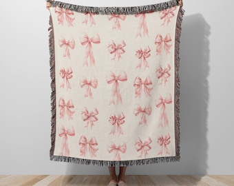 Manta de tiro de lazos rosas, decoración de la habitación de coqueta, lazo francés de cinta rosa, estética femenina Cottagecore, novia de regalo del día de San Valentín