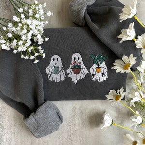 Embroidered Ghost Sweatshirt, Embroidered Halloween Sweatshirt, Ghost Plants Sweater, Embroidered Fall Shirt, Ghost Embroidery, Plant Lady