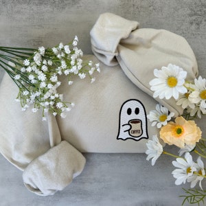 Embroidered Ghost Coffee Sweatshirt, Spooky Halloween Crewneck