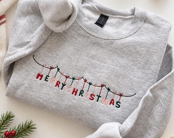 Embroidered Merry Christmas Sweatshirt, Holiday Cozy Season Family Sweater, Festive Christmas Crewneck