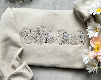 Easter Embroidered Sweatshirt. Rabbit And Flower Embroidered Sweatshirt, Cute Coquette Rabbit crewneck sweatshirt, Gift for her, Easter Gift