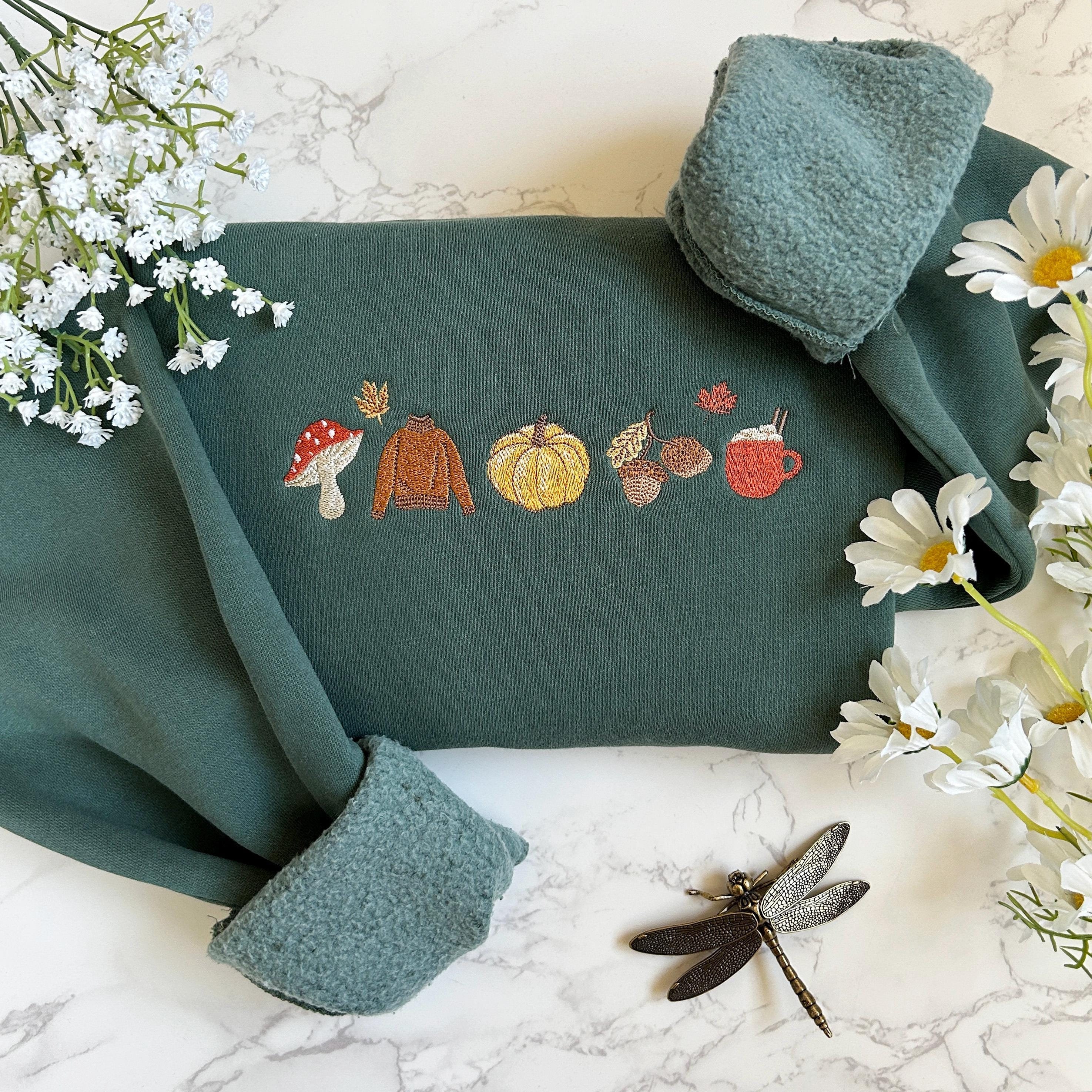 Embroidered Fall Sweatshirt, Autumn Cozy Season Sweatshirt, Pumpkin, Embroidered Mushroom Sweater, Thanksgiving Sweatshirt, Fall Apparel