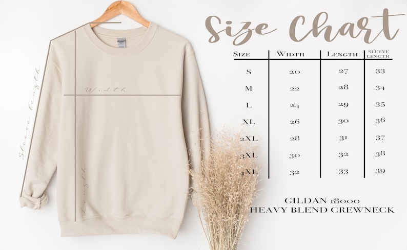 May include: Size chart for a Gildan 18000 heavy blend crewneck sweatshirt. The chart shows the width, length, and sleeve length in inches for sizes S through 4XL.