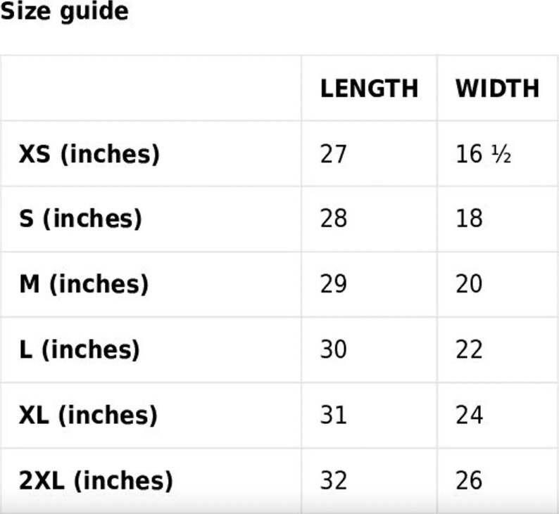 K&ouml;nnte beinhalten: Gr&ouml;&szlig;entabelle f&uuml;r ein Kleidungsst&uuml;ck mit Ma&szlig;en in Zoll f&uuml;r L&auml;nge und Breite. Die Gr&ouml;&szlig;en sind XS, S, M, L, XL und 2XL.