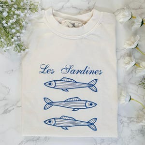 Embroidered Sardine Tshirt, Embroidered Fisherman Aesthetic Shirt, Coastal Summer Shirt, Beach Tshirt, Les Sardines, Protect Our Oceans