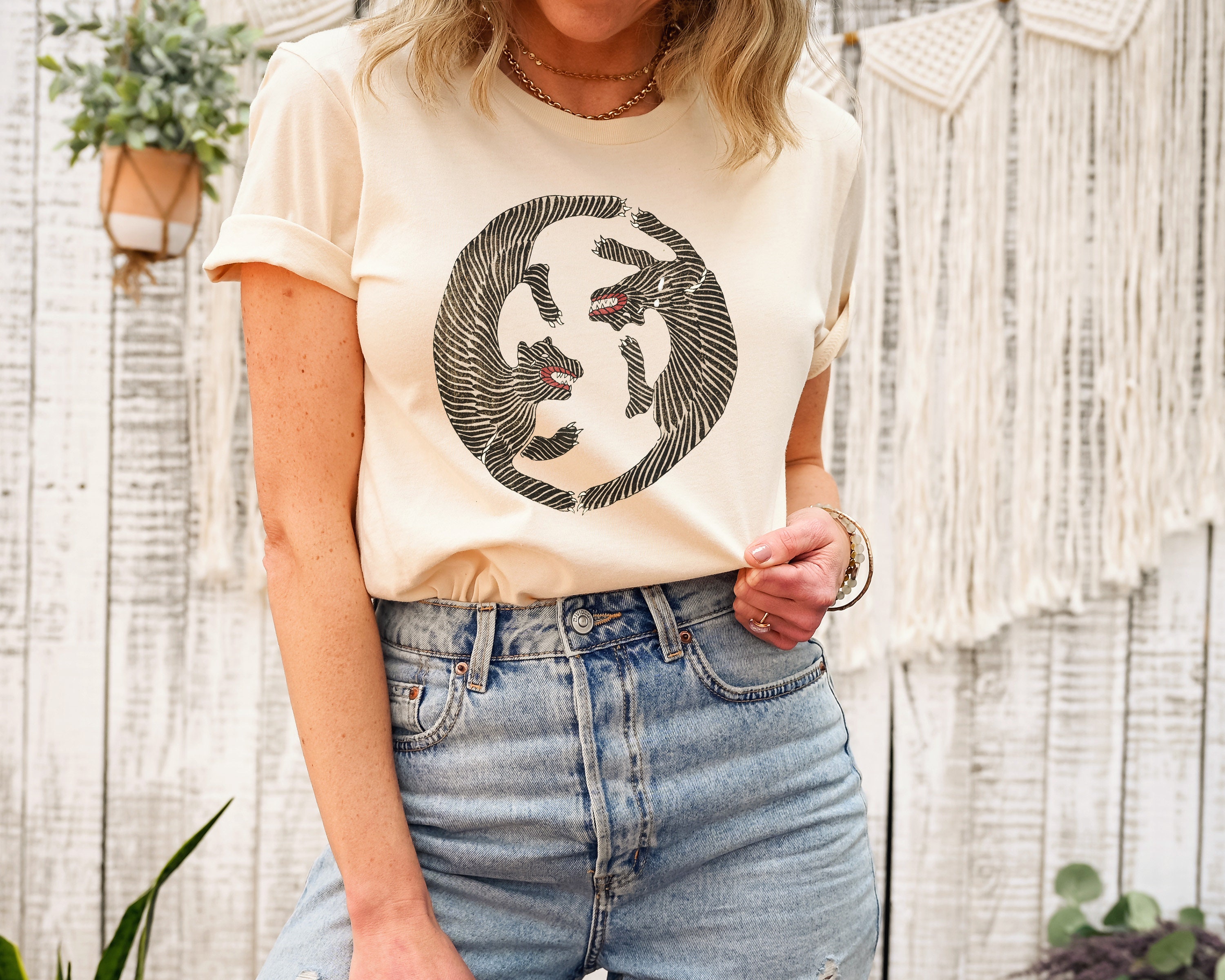 Wood Block Tiger Graphic Tee | Japanese Botanical Oversized T