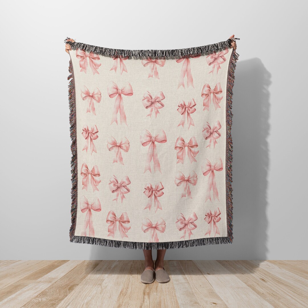 Bow Throw Rug Pink Bows Throw Blanket, Coquette Room Decor, Pink Ribbon French Bow ...