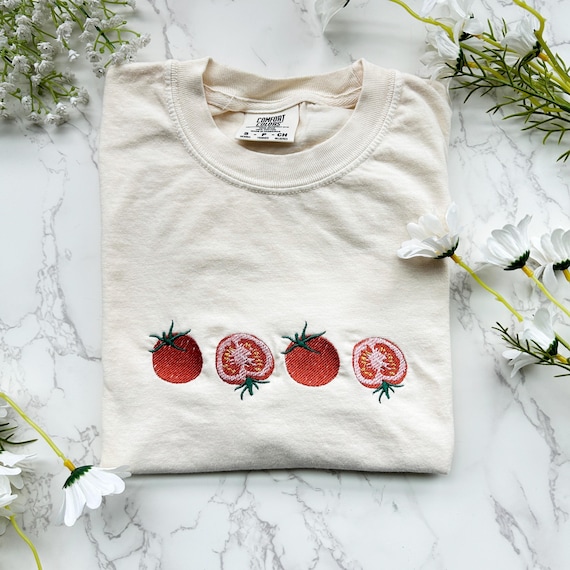 Embroidered Tomato Shirt, Tomato Girl Summer Boxy Crop Tee