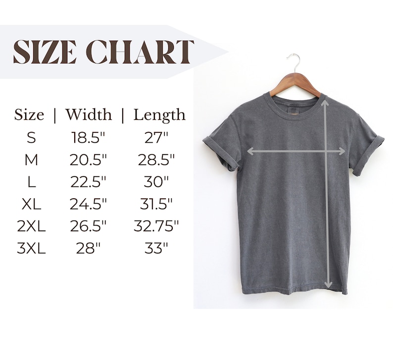 May include: Size chart for a t-shirt with measurements in inches for width and length. Sizes include S, M, L, XL, 2XL, and 3XL.