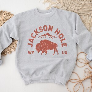 May include: A grey sweatshirt with a red graphic print of a bison and the text "JACKSON HOLE WY US".