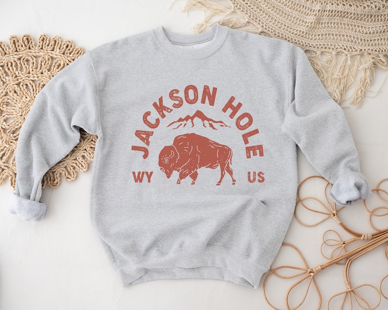 May include: A grey sweatshirt with a red graphic print of a bison and the text "JACKSON HOLE WY US".
