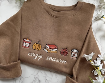 Embroidered Cozy Season Sweatshirt, Cute Autumn Sweatshirt, Pumpkin Embroidered Bookish Sweater, Fall Apparel, Spooky Season Sweater