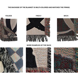 May include: A folded woven blanket with a black and white pattern on the front and a multi-colored pattern on the back. The back of the blanket has a fringe.